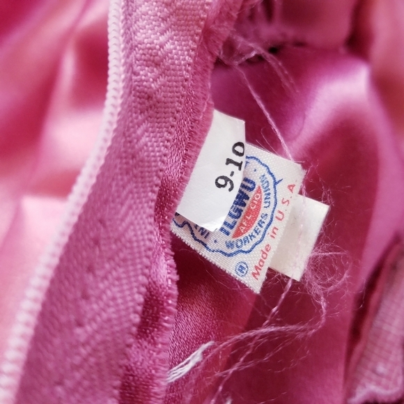 Vintage Union Made 80s Puff Sleeve Satin Pink Embrodiered Floral Midi Dress - Picture 14 of 16